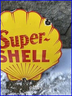 Vintage Super Shell Porcelain Sign Gas Station Signage Motor Oil Service Garage