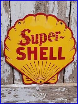 Vintage Super Shell Porcelain Sign Motor Oil Gas Station Service Diecut Pump USA