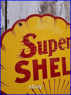 Vintage Super Shell Porcelain Sign Motor Oil Gas Station Service Diecut Pump USA
