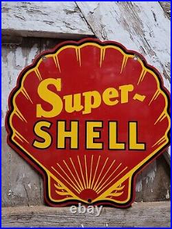 Vintage Super Shell Porcelain Sign Motor Oil Gas Station Service Pump Plate Red