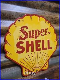 Vintage Super Shell Porcelain Sign Motor Oil Gas Station Service USA Diecut Pump