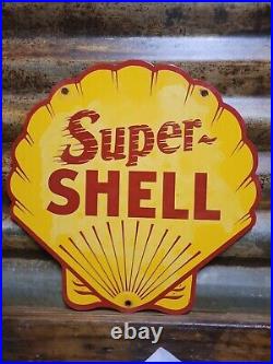 Vintage Super Shell Porcelain Sign Motor Oil Gas Station Service USA Diecut Pump
