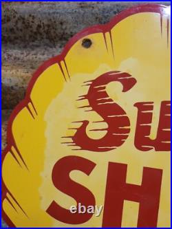 Vintage Super Shell Sign Motor Oil Gas Station Service 12 Pump Porcelain Sign