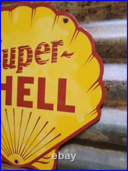 Vintage Super Shell Sign Motor Oil Gas Station Service 12 Pump Porcelain Sign