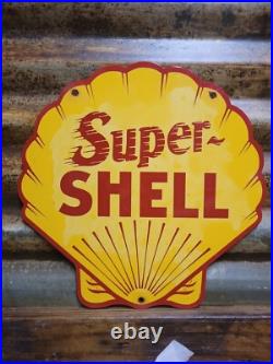 Vintage Super Shell Sign Motor Oil Gas Station Service 12 Pump Porcelain Sign