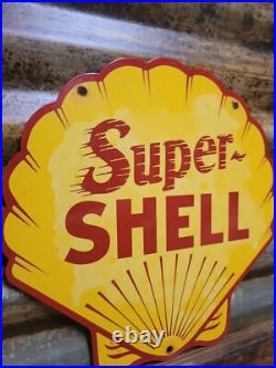 Vintage Super Shell Sign Motor Oil Gas Station Service 12 Pump Porcelain Sign