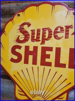 Vintage Super Shell Sign Motor Oil Gas Station Service 12 Pump Porcelain Sign