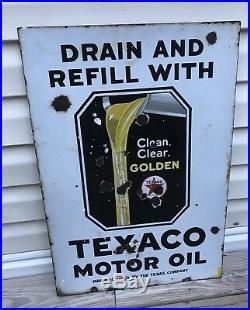 Vintage Texaco Golden Motor Oil 18.5 x 27 Porcelain Heavy Double Sided Gas & Oil