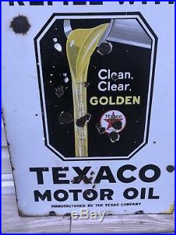 Vintage Texaco Golden Motor Oil 18.5 x 27 Porcelain Heavy Double Sided Gas & Oil