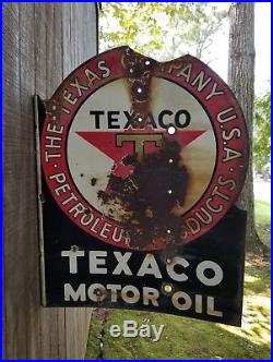 Vintage Texaco Motor Oil Porcelain flange Sign Rusty Gold Poor-Fair Cond