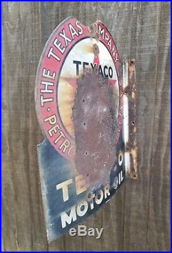 Vintage Texaco Motor Oil Porcelain flange Sign Rusty Gold Poor-Fair Cond