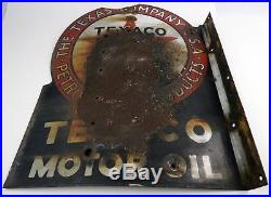 Vintage Texaco Motor Oil Porcelain flange Sign Rusty Gold Poor-Fair Cond