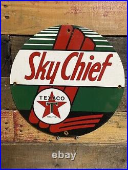 Vintage Texaco Porcelain Sign Sky Chief Gas Station Pump Plate Fuel Motor Oil