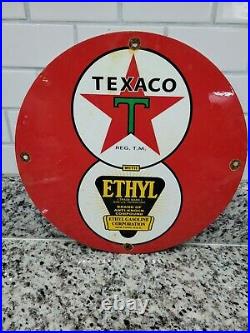 Vintage Texaco Porcelain Sign Texas Motor Oil Gas Station Service Pump Ethyl 12