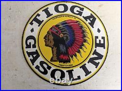 Vintage Tioga Gasoline & Motor Oil Porcelain Metal Gas Pump Sign Chif Indian