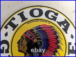 Vintage Tioga Gasoline & Motor Oil Porcelain Metal Gas Pump Sign Chif Indian