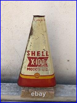 Vintage Triangular Old Shell X-100 Motor Oil Can Garage Auto Station Pump Sign