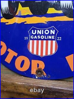 Vintage Union Gasoline Porcelain Sign Motor Oil Gas Station Service Pump Speed