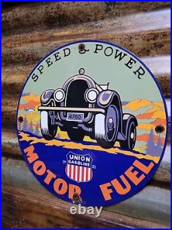 Vintage Union Gasoline Porcelain Sign Motor Oil Gas Station Service Pump Speed