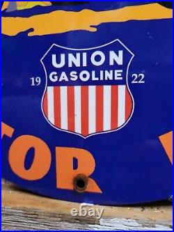 Vintage Union Gasoline Porcelain Sign Motor Oil Gas Station Service Pump Speed