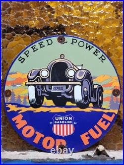 Vintage Union Gasoline Porcelain Sign Motor Oil Gasoline Pump Plate Power Speed