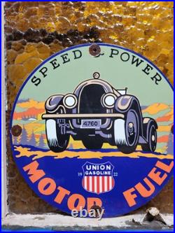 Vintage Union Gasoline Porcelain Sign Motor Oil Gasoline Pump Plate Power Speed