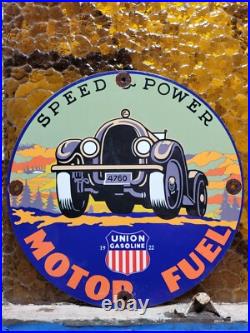 Vintage Union Gasoline Porcelain Sign Motor Oil Gasoline Pump Plate Power Speed