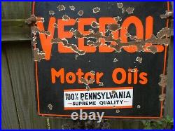 Vintage VEEDOL Motor Oil GAS STATION SIGN 2 Sided Porcelain 28, 1930s
