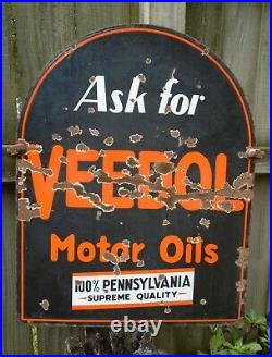 Vintage VEEDOL Motor Oil GAS STATION SIGN 2 Sided Porcelain 28, 1930s