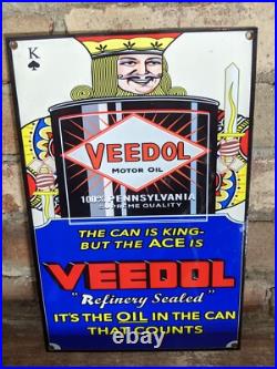 Vintage Veedol Motor Oil King Porcelain Enamel Gas Station Pump Sign 12 X 8