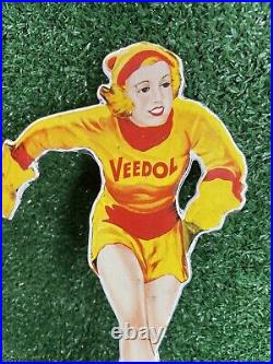 Vintage Veedol Porcelain Sign Figural Ice Skater Woman Motor Oil Gas Station 12