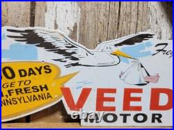 Vintage Veedol Porcelain Sign Old Motor Oil Service Garage Gas Station Stork