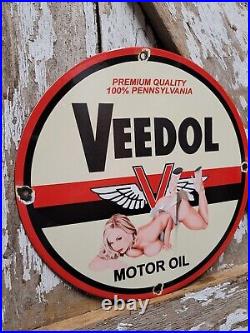 Vintage Veedol Porcelain Sign Old Service Station Motor Oil Advertising Woman 12