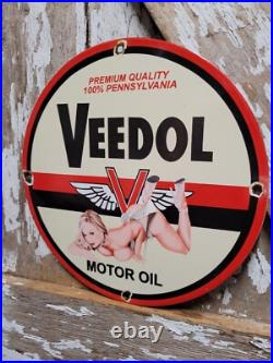 Vintage Veedol Porcelain Sign Old Service Station Motor Oil Advertising Woman 12