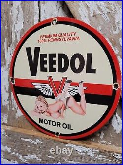 Vintage Veedol Porcelain Sign Old Service Station Motor Oil Advertising Woman 12