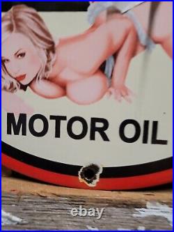 Vintage Veedol Porcelain Sign Old Service Station Motor Oil Advertising Woman 12