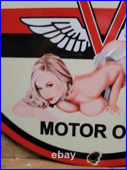 Vintage Veedol Porcelain Sign Old Service Station Motor Oil Advertising Woman 12