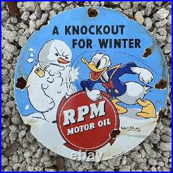 Vintage Walt Disney Porcelain Metal Sign RPM Motor Oil Gas Station Donald Duck