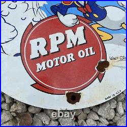Vintage Walt Disney Porcelain Metal Sign RPM Motor Oil Gas Station Donald Duck