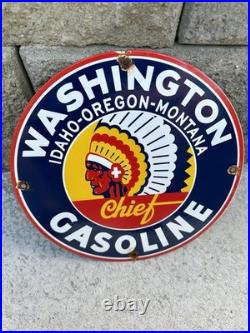 Vintage Washington Gasoline Sign Indian Chief Gas Motor Oil Pump Porcelain Sign