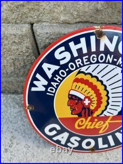 Vintage Washington Gasoline Sign Indian Chief Gas Motor Oil Pump Porcelain Sign