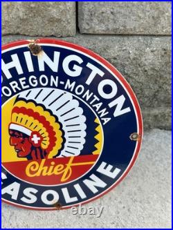Vintage Washington Gasoline Sign Indian Chief Gas Motor Oil Pump Porcelain Sign
