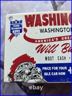 Vintage Washington Motors Used Cars Porcelain Sign Motor Oil Auto Sales 10x4.5