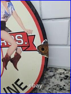 Vintage Whiting Bros Porcelain Sign Wrstern Rodeo Cowgirl Gas Motor Oil Service