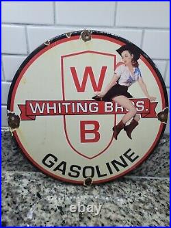 Vintage Whiting Bros Porcelain Sign Wrstern Rodeo Cowgirl Gas Motor Oil Service