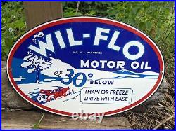 Vintage Wil-flo Motor Oil Porcelain Pump Sign 12 X 8
