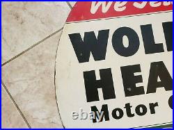 Vintage Wolf's Head Motor Oil Advertising Sign Double Sided 30 x 23 Wolf