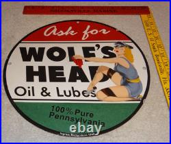 Vintage Wolf's Head Motor Oil & Lube 11 3/4 Porcelain Metal Wolfs Gasoline Sign