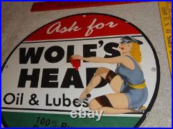 Vintage Wolf's Head Motor Oil & Lube 11 3/4 Porcelain Metal Wolfs Gasoline Sign