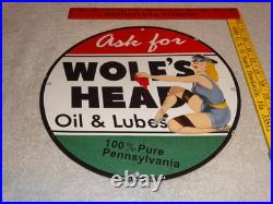 Vintage Wolf's Head Motor Oil & Lube 11 3/4 Porcelain Metal Wolfs Gasoline Sign